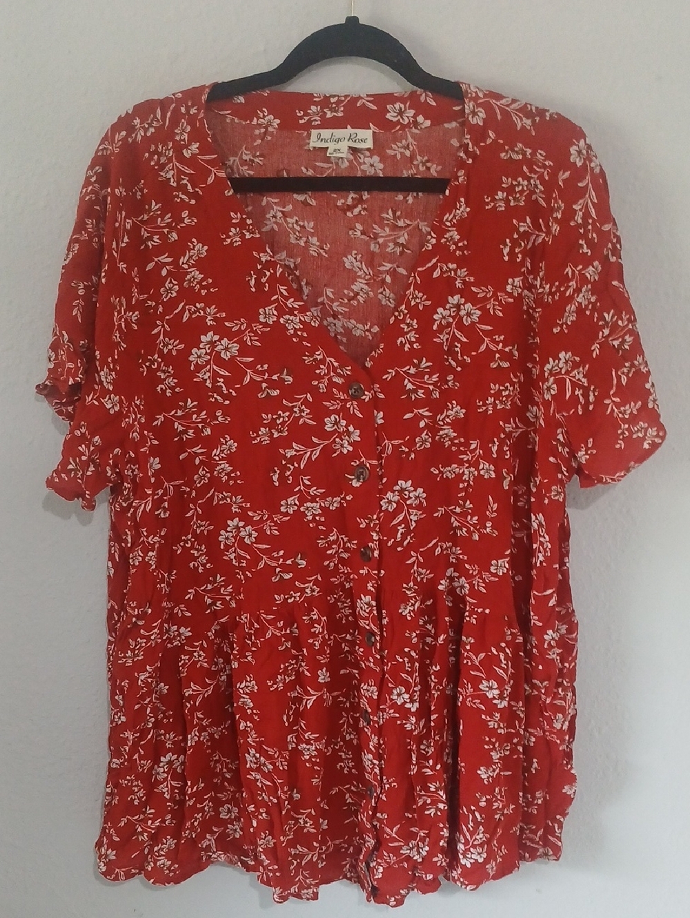 Orange/Red Floral V-Neck Button Front Women's Top
